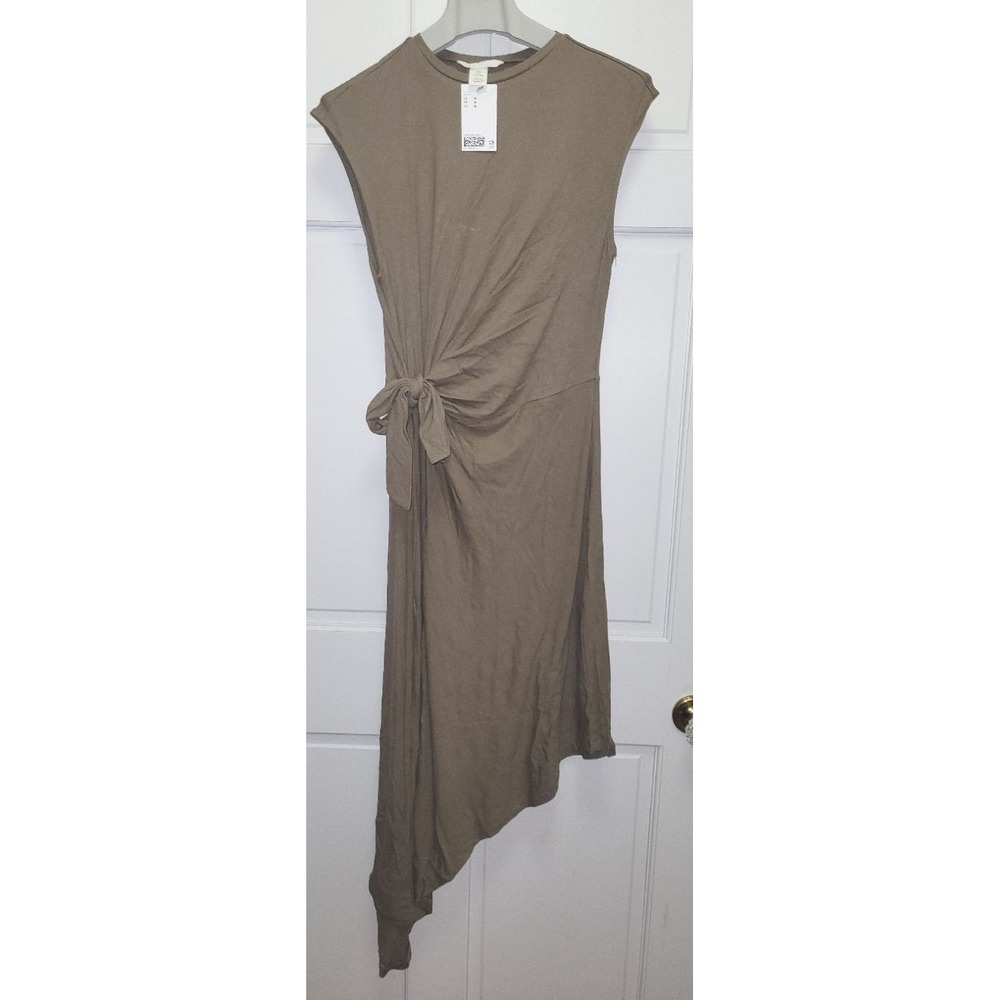 H&M Asymmetric Tie Waist Cap Sleeve Rayon Jersey Midi Dress - Khaki Green - M